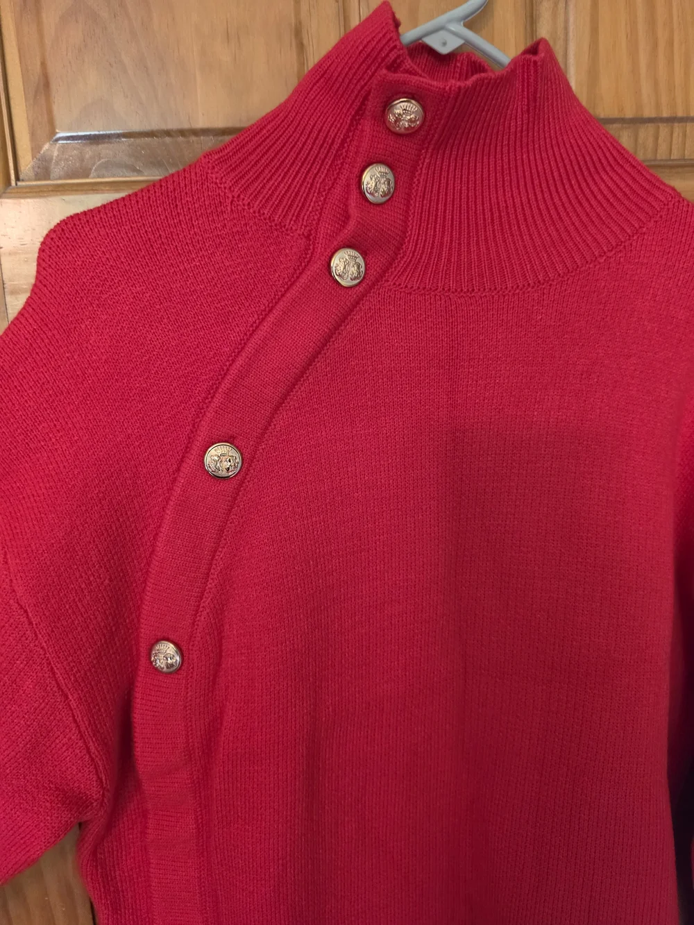 Red Ribbed Turtleneck Sweater with Button Detail